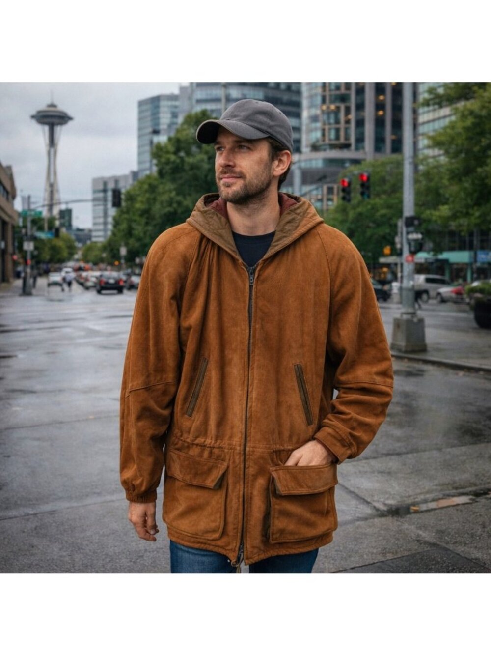 Clifford Michael Suede Leather Brown Parka Men Long Sleeve Lined Pockets S